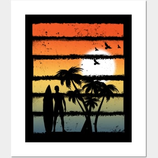 Summer Sunset Graphic Icon Surfer Ocean Palm Posters and Art